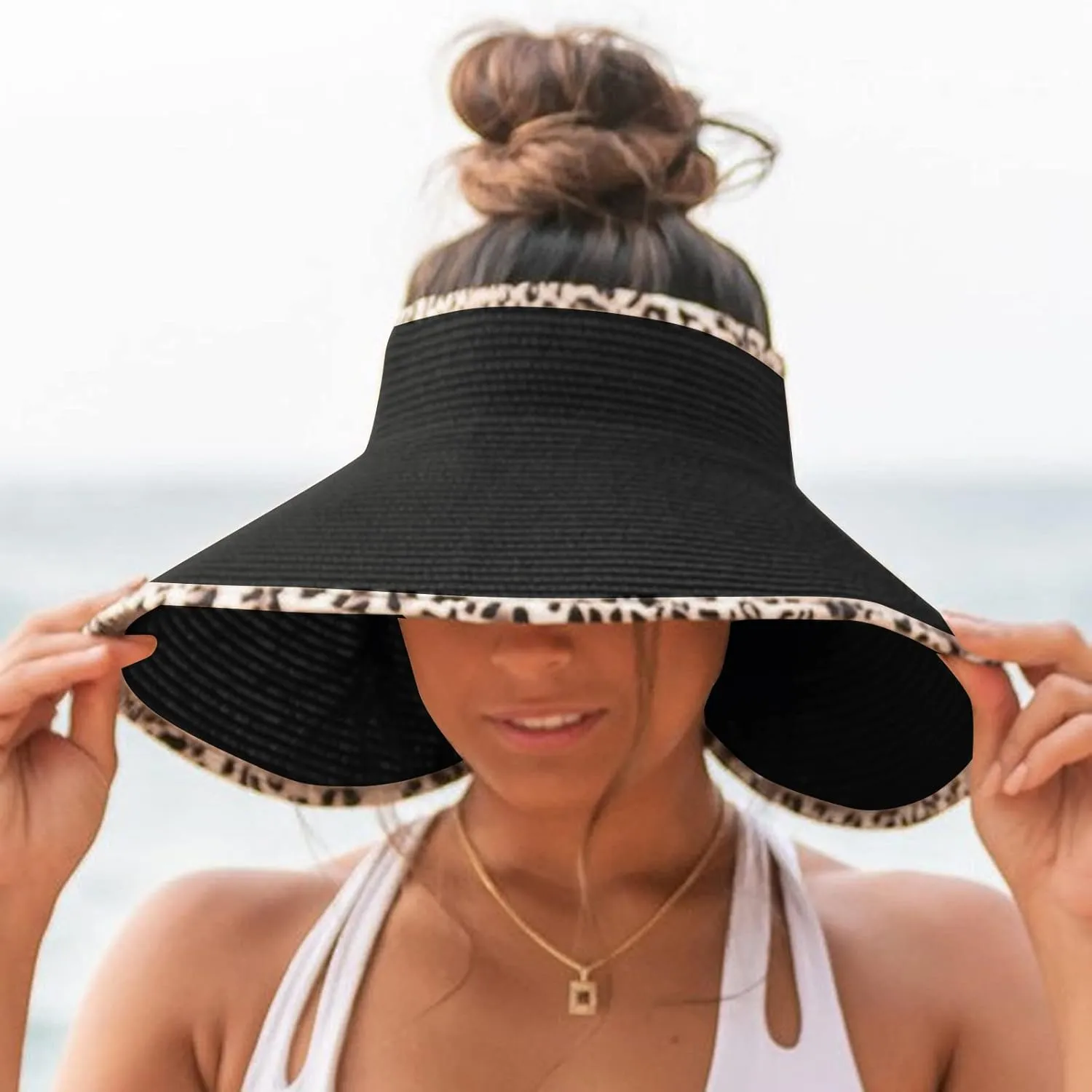 UPF 50  Sun Visors for Women Wide Brim Beach Hat Ponytail Hats for Women Foldable Lightweight Travel Hats
