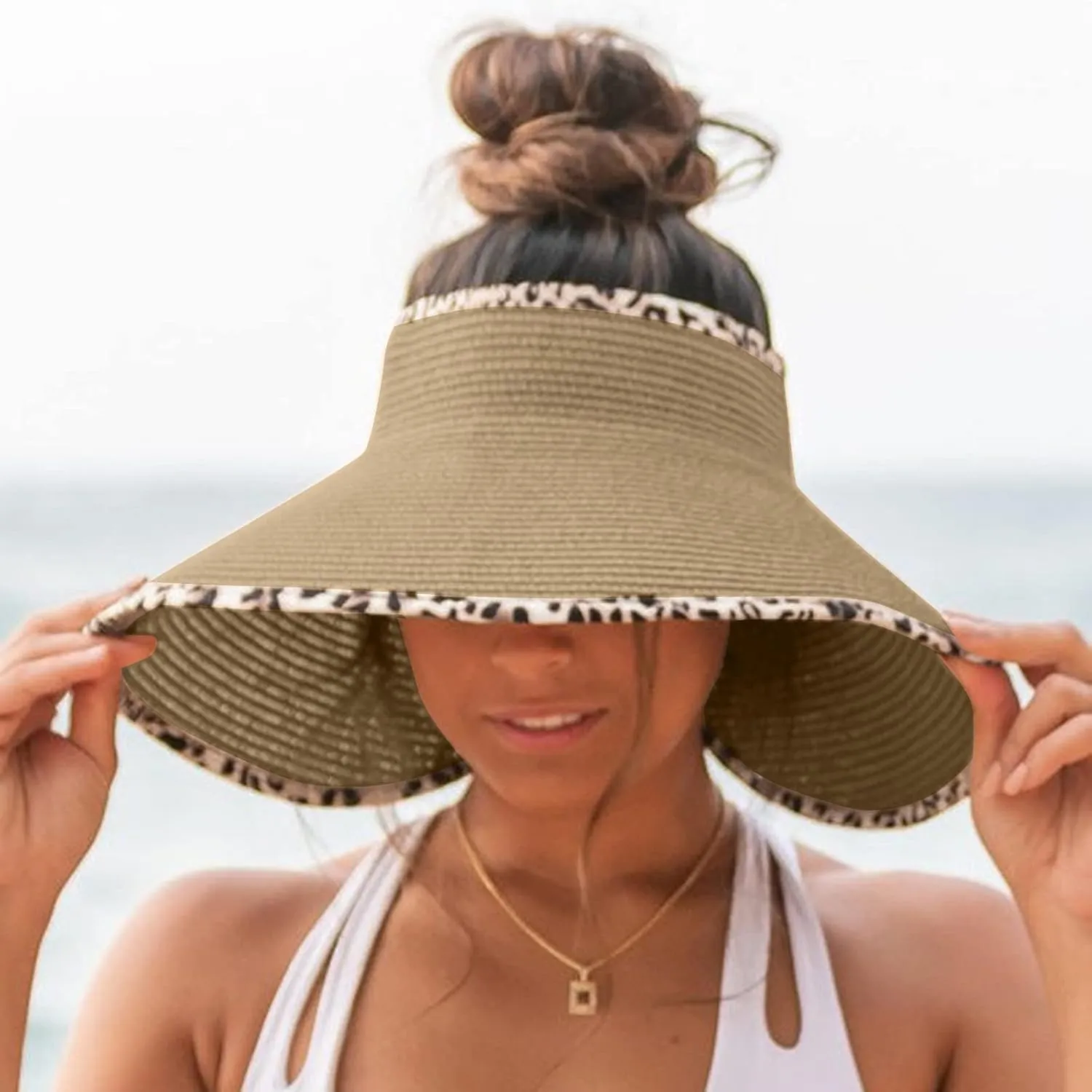 UPF 50  Sun Visors for Women Wide Brim Beach Hat Ponytail Hats for Women Foldable Lightweight Travel Hats