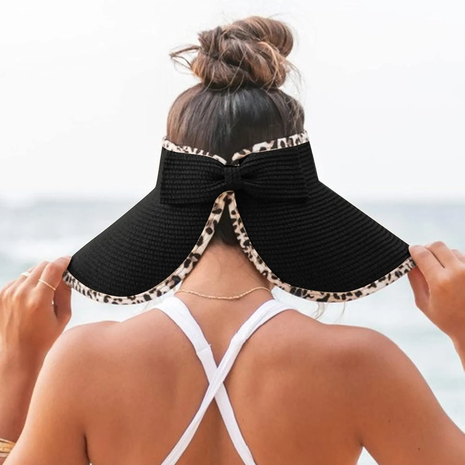 UPF 50  Sun Visors for Women Wide Brim Beach Hat Ponytail Hats for Women Foldable Lightweight Travel Hats