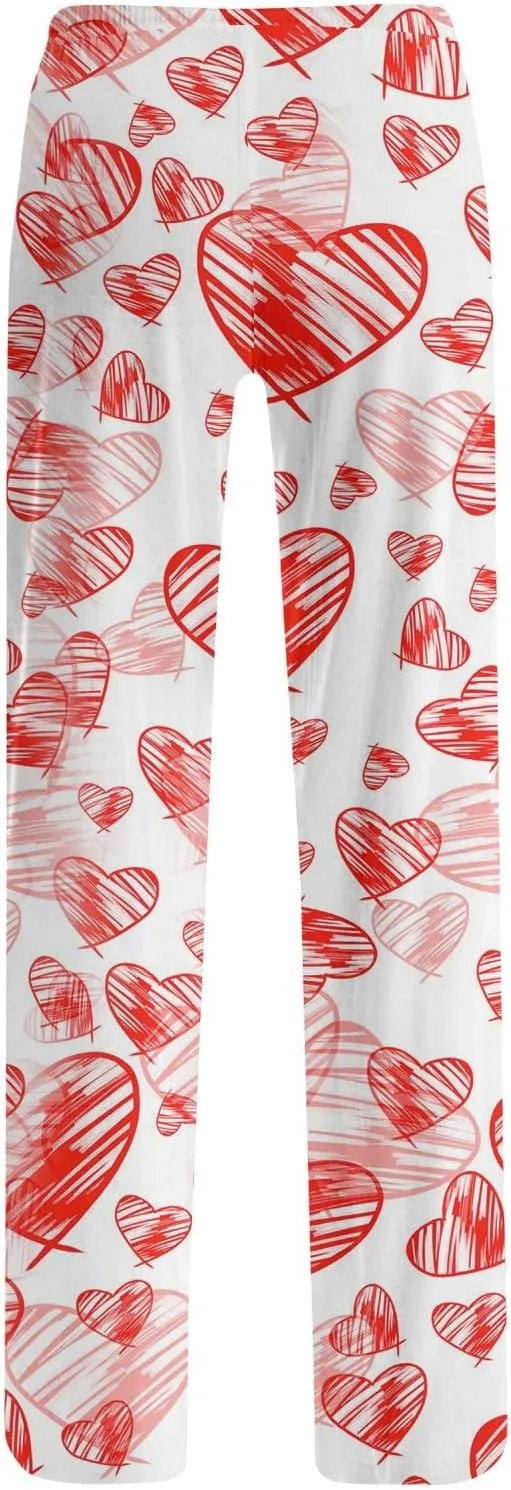 Valentines Day Pajamas Wide Leg Sleep Bottom Elastic Waist Relaxed Fit Love Heart Comfy Long Pj Pajama Pants Holiday