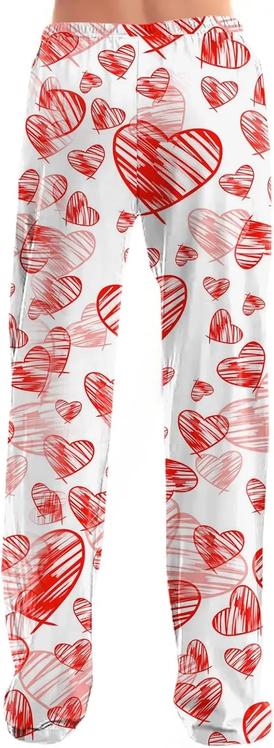 Valentines Day Pajamas Wide Leg Sleep Bottom Elastic Waist Relaxed Fit Love Heart Comfy Long Pj Pajama Pants Holiday