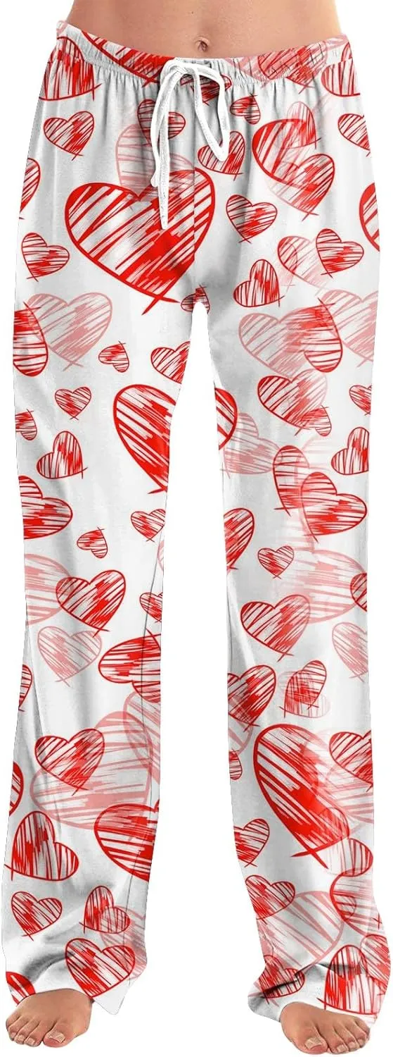 Valentines Day Pajamas Wide Leg Sleep Bottom Elastic Waist Relaxed Fit Love Heart Comfy Long Pj Pajama Pants Holiday