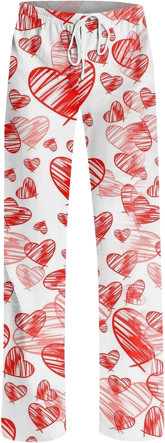 Valentines Day Pajamas Wide Leg Sleep Bottom Elastic Waist Relaxed Fit Love Heart Comfy Long Pj Pajama Pants Holiday