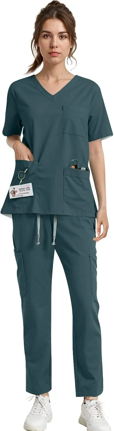 WENKOMG1 Scrubs for Women Set 2025 Spring Summer Uniform Stretchy V-Neck Scrub Top & Cargo Pant with Multi Pockets