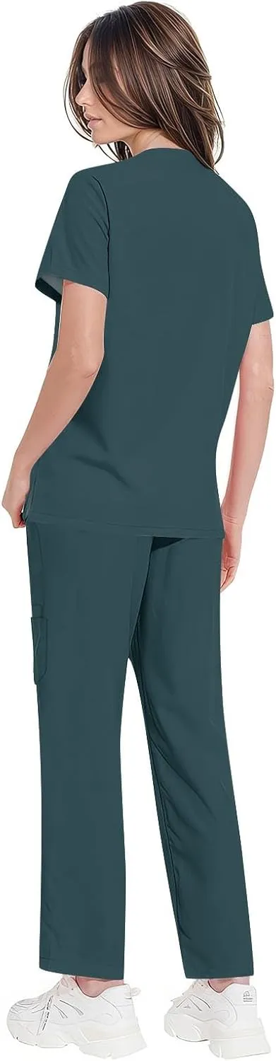 WENKOMG1 Scrubs for Women Set 2025 Spring Summer Uniform Stretchy V-Neck Scrub Top & Cargo Pant with Multi Pockets