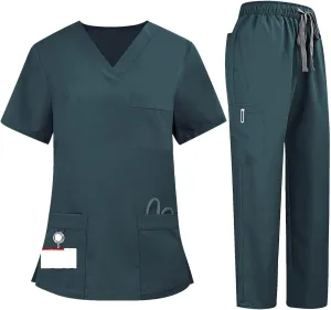 WENKOMG1 Scrubs for Women Set 2025 Spring Summer Uniform Stretchy V-Neck Scrub Top & Cargo Pant with Multi Pockets