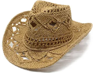 Western Cowboy Hat for Women Men,Unisex Summer Hollow Out Woven Roll Up Wide Brim Straw Hat,Sun Beach Cowgirl Hat with String