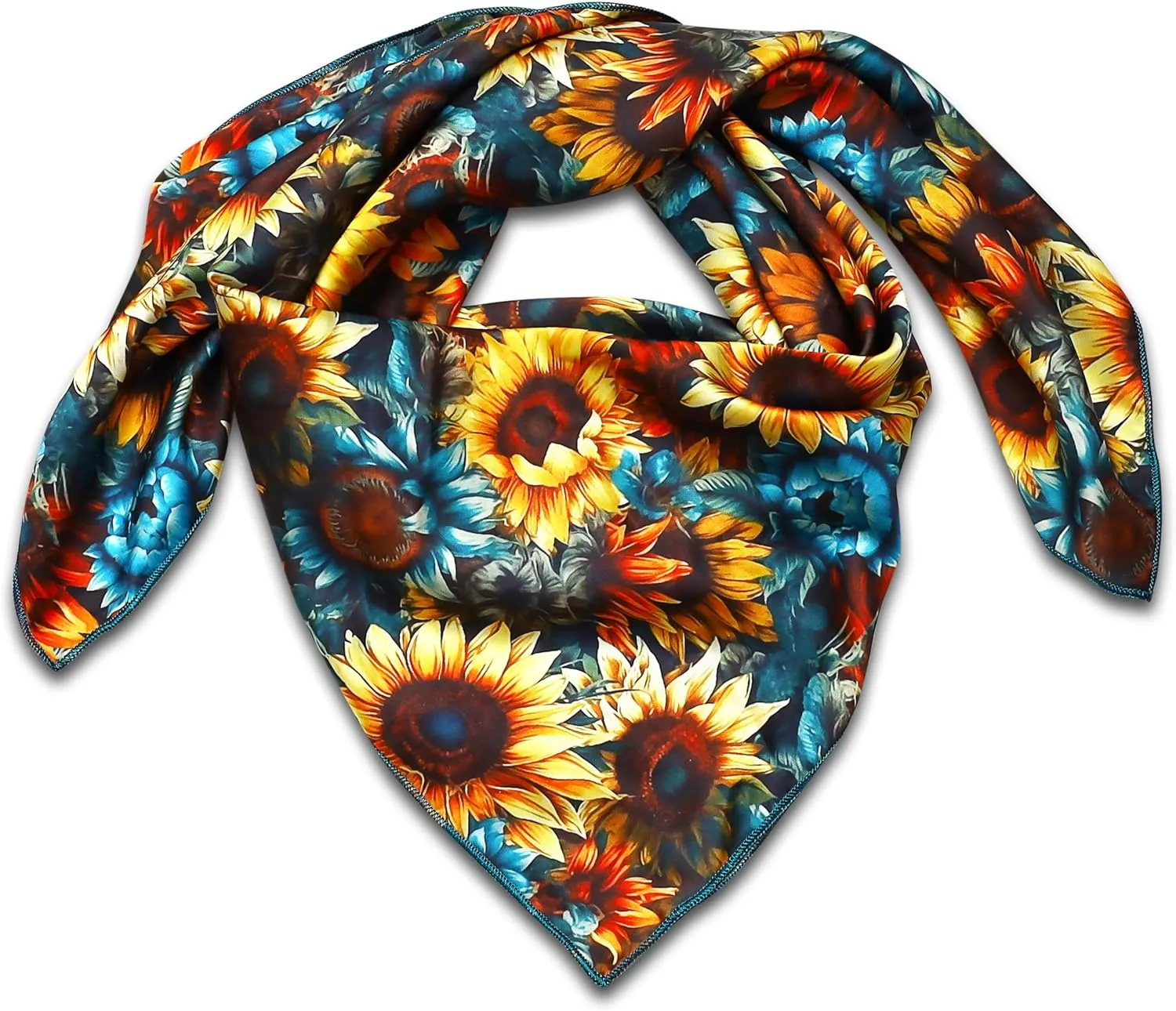 Western Cowboy Wild Rag Silk Scarf Bandana Sun Floral Square Silky Teal 38'' Scarves for Men & Women