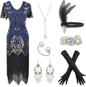 Women 1920S V Neck Sequined Beaded Gatsby Flapper Dress with 20s Accessories Set