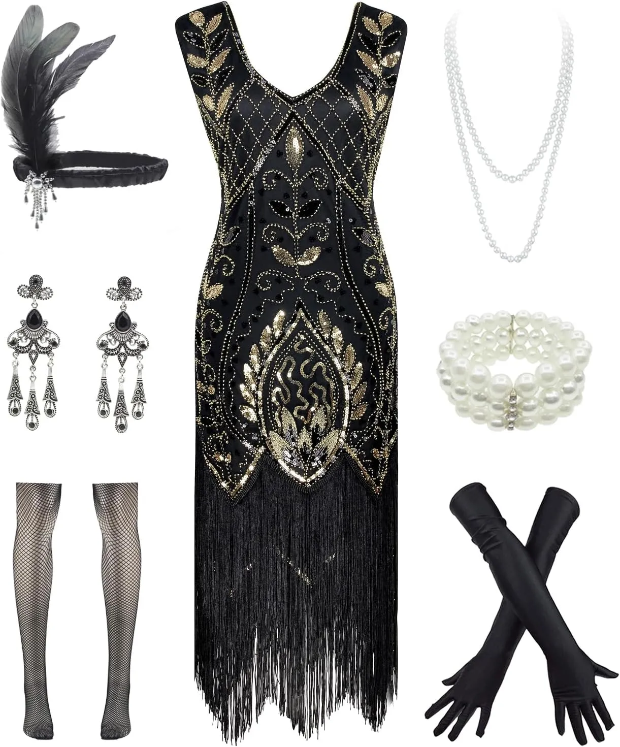 Women 1920S V Neck Sequined Beaded Gatsby Flapper Dress with 20s Accessories Set