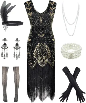 Women 1920S V Neck Sequined Beaded Gatsby Flapper Dress with 20s Accessories Set