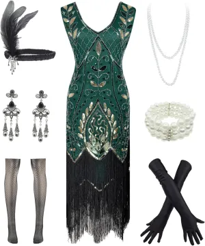 Women 1920S V Neck Sequined Beaded Gatsby Flapper Dress with 20s Accessories Set