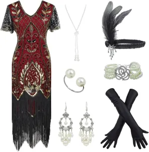 Women 1920S V Neck Sequined Beaded Gatsby Flapper Dress with 20s Accessories Set