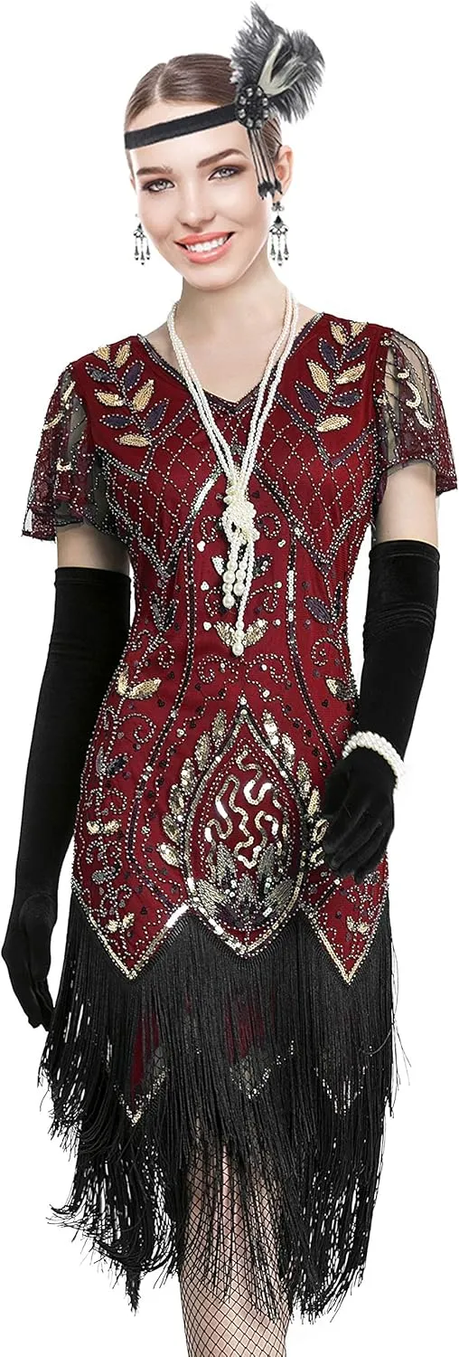 Women 1920S V Neck Sequined Beaded Gatsby Flapper Dress with 20s Accessories Set