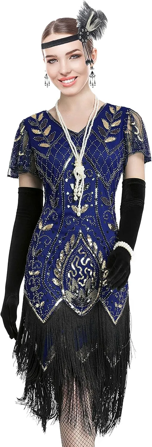 Women 1920S V Neck Sequined Beaded Gatsby Flapper Dress with 20s Accessories Set