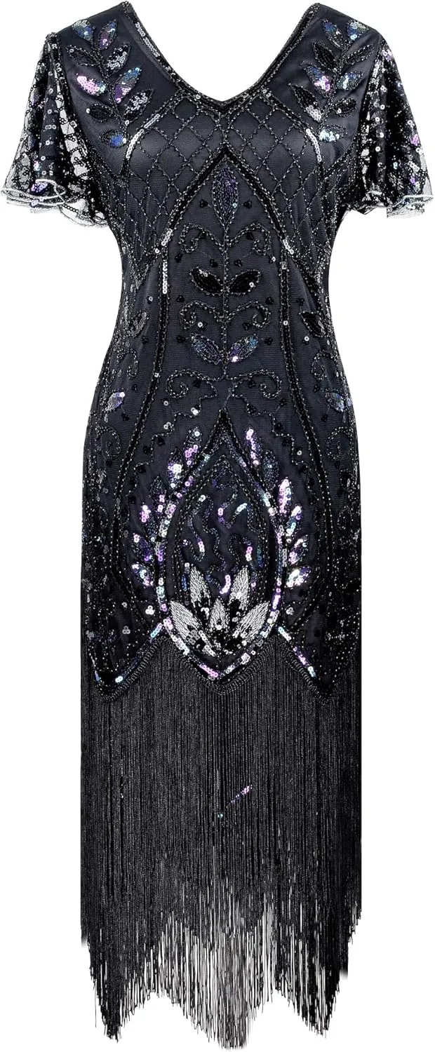 Women 1920S V Neck Sequined Beaded Gatsby Flapper Dress with 20s Accessories Set