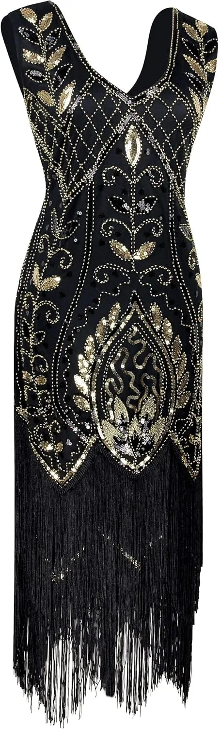 Women 1920S V Neck Sequined Beaded Gatsby Flapper Dress with 20s Accessories Set