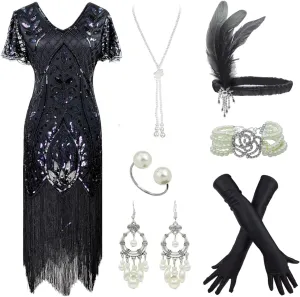 Women 1920S V Neck Sequined Beaded Gatsby Flapper Dress with 20s Accessories Set