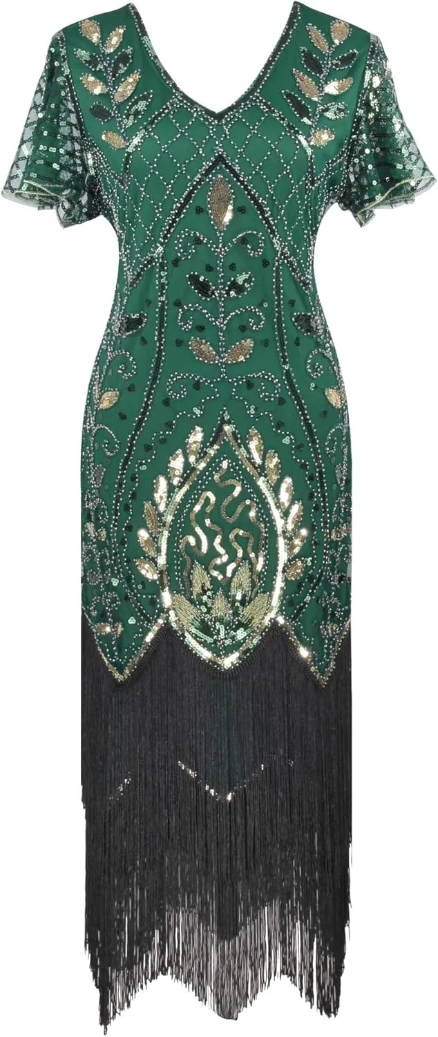 Women 1920S V Neck Sequined Beaded Gatsby Flapper Dress with 20s Accessories Set