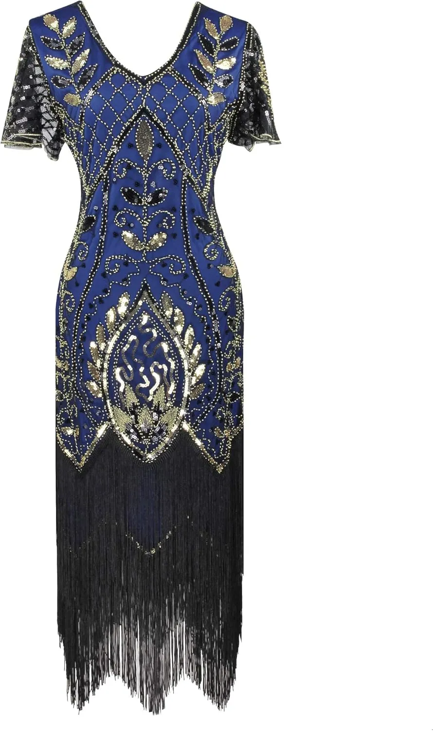 Women 1920S V Neck Sequined Beaded Gatsby Flapper Dress with 20s Accessories Set
