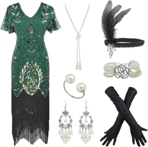 Women 1920S V Neck Sequined Beaded Gatsby Flapper Dress with 20s Accessories Set