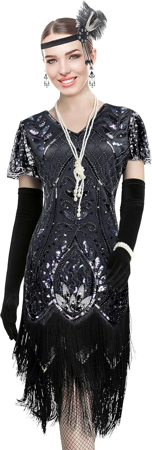Women 1920S V Neck Sequined Beaded Gatsby Flapper Dress with 20s Accessories Set