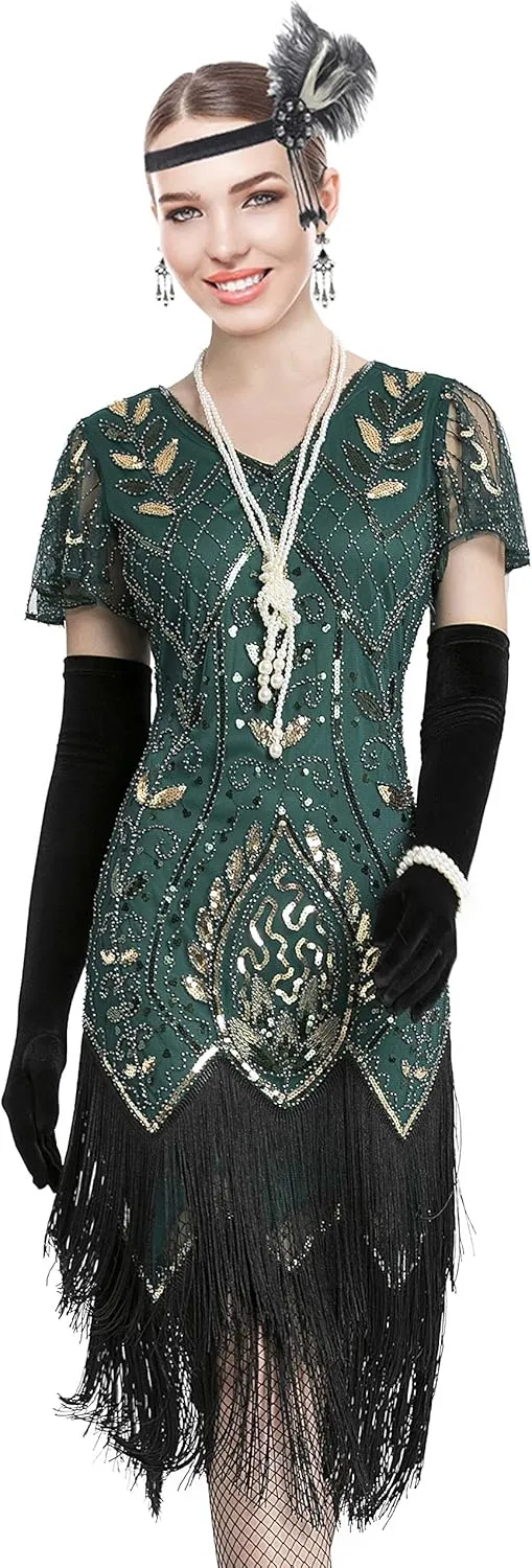 Women 1920S V Neck Sequined Beaded Gatsby Flapper Dress with 20s Accessories Set