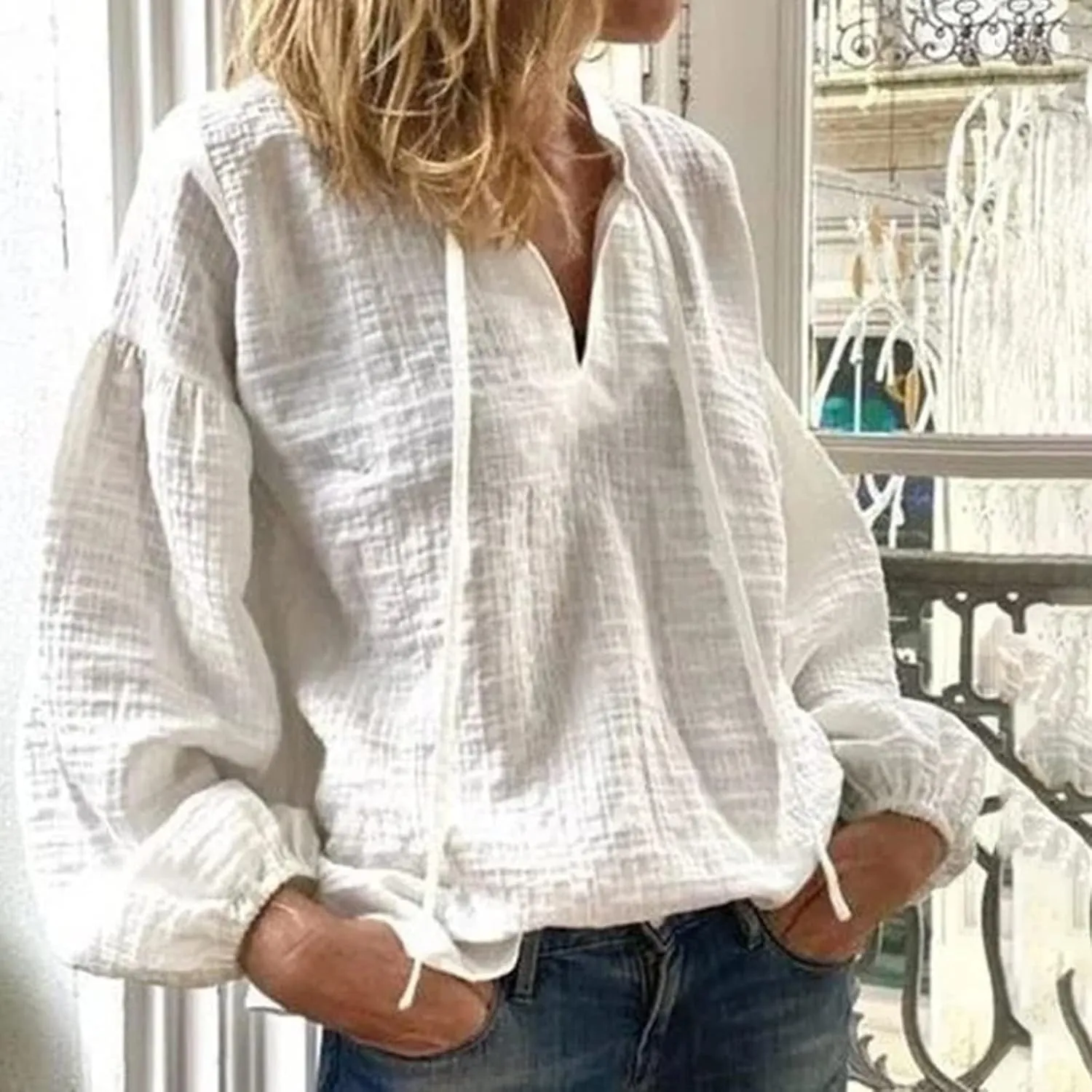 Women Autumn Blouse Solid V Neck Long Sleeve Casual Loose Shirt Top Mock Turtleneck Women Long Sleeve