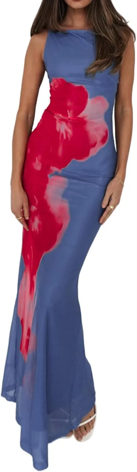 Women Boho Floral Backless Maxi Dress Y2K Spaghetti Strap Sleeveless Bodycon Long Dress Sexy Going Out Sundress