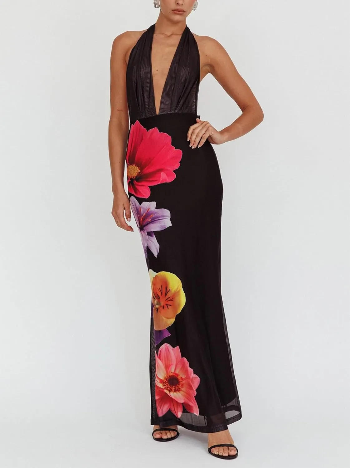 Women Boho Floral Backless Maxi Dress Y2K Spaghetti Strap Sleeveless Bodycon Long Dress Sexy Going Out Sundress