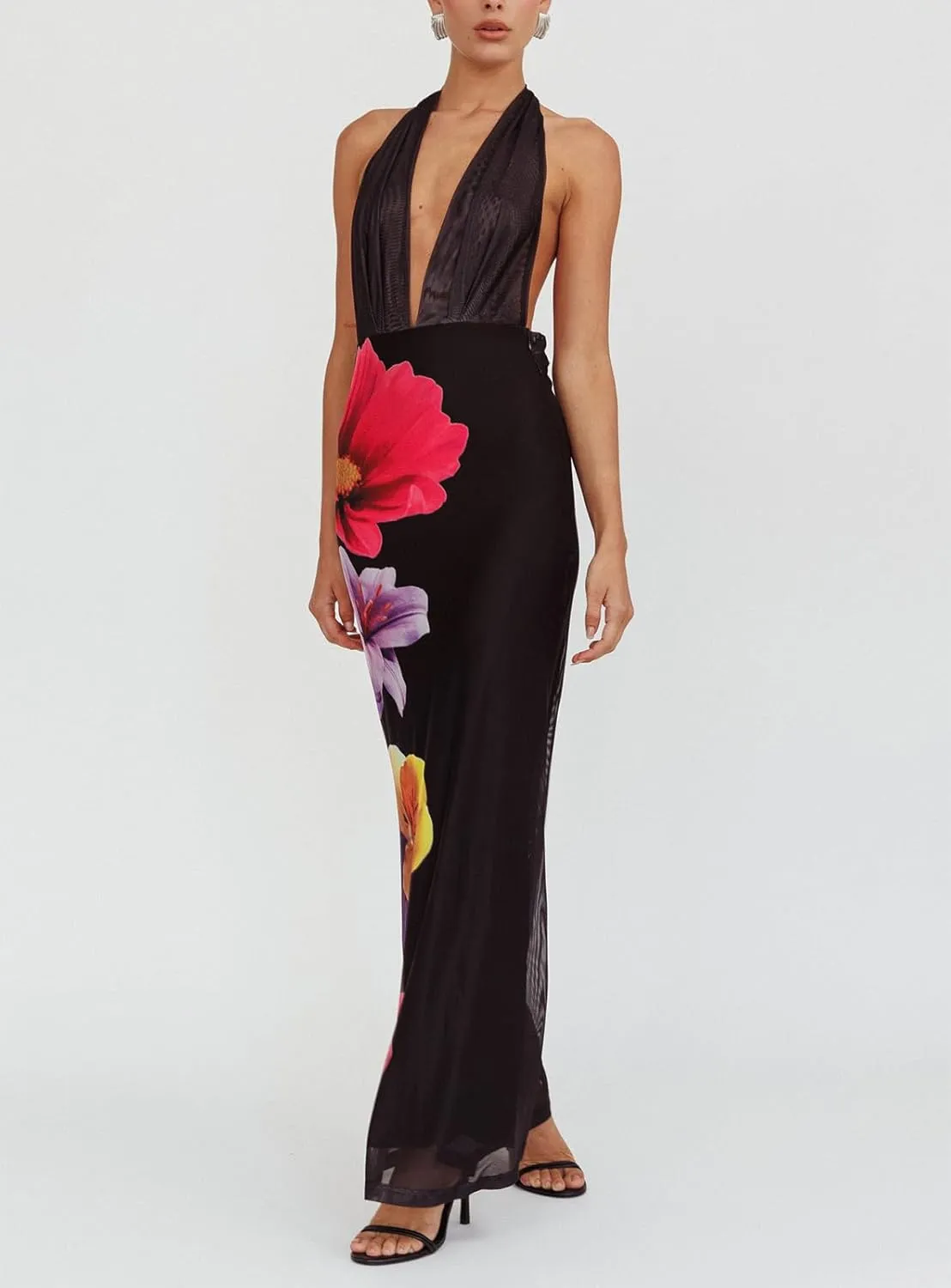 Women Boho Floral Backless Maxi Dress Y2K Spaghetti Strap Sleeveless Bodycon Long Dress Sexy Going Out Sundress
