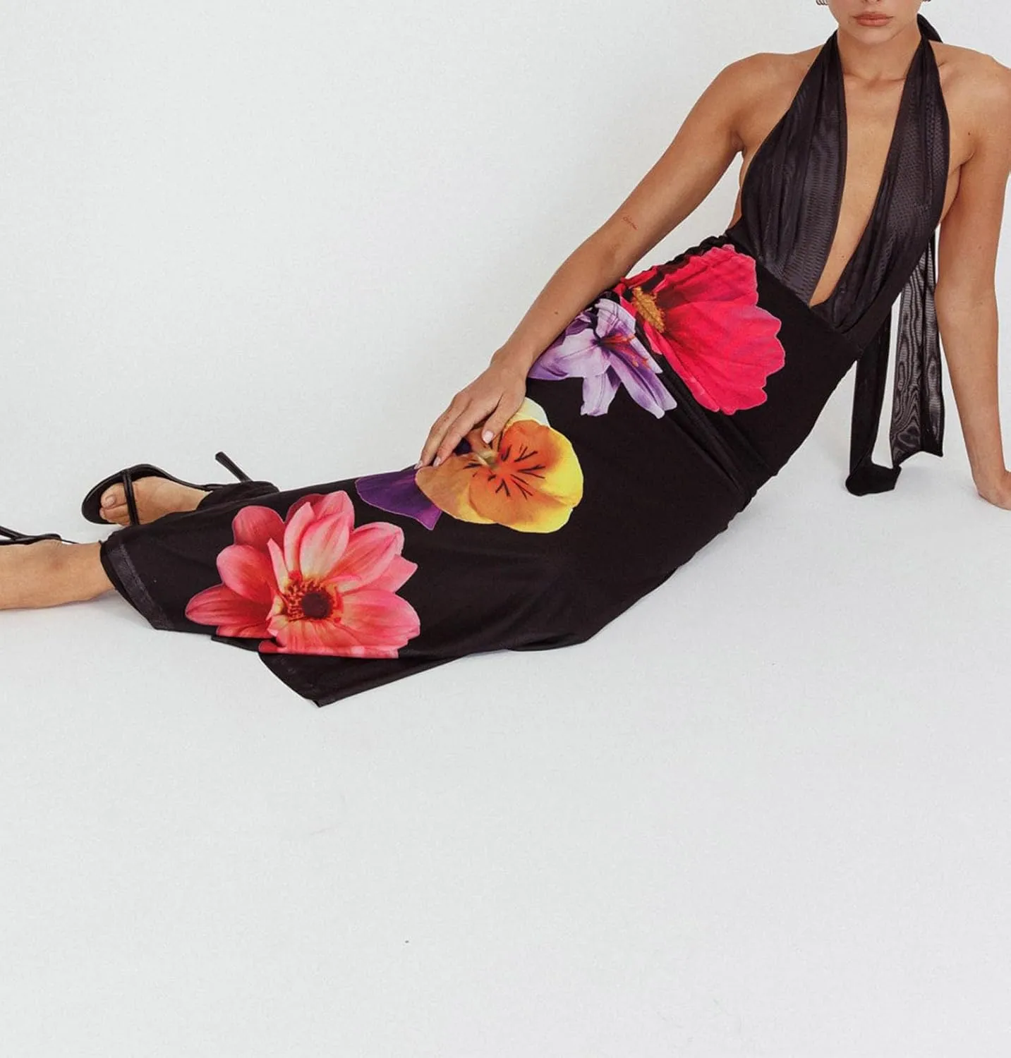 Women Boho Floral Backless Maxi Dress Y2K Spaghetti Strap Sleeveless Bodycon Long Dress Sexy Going Out Sundress