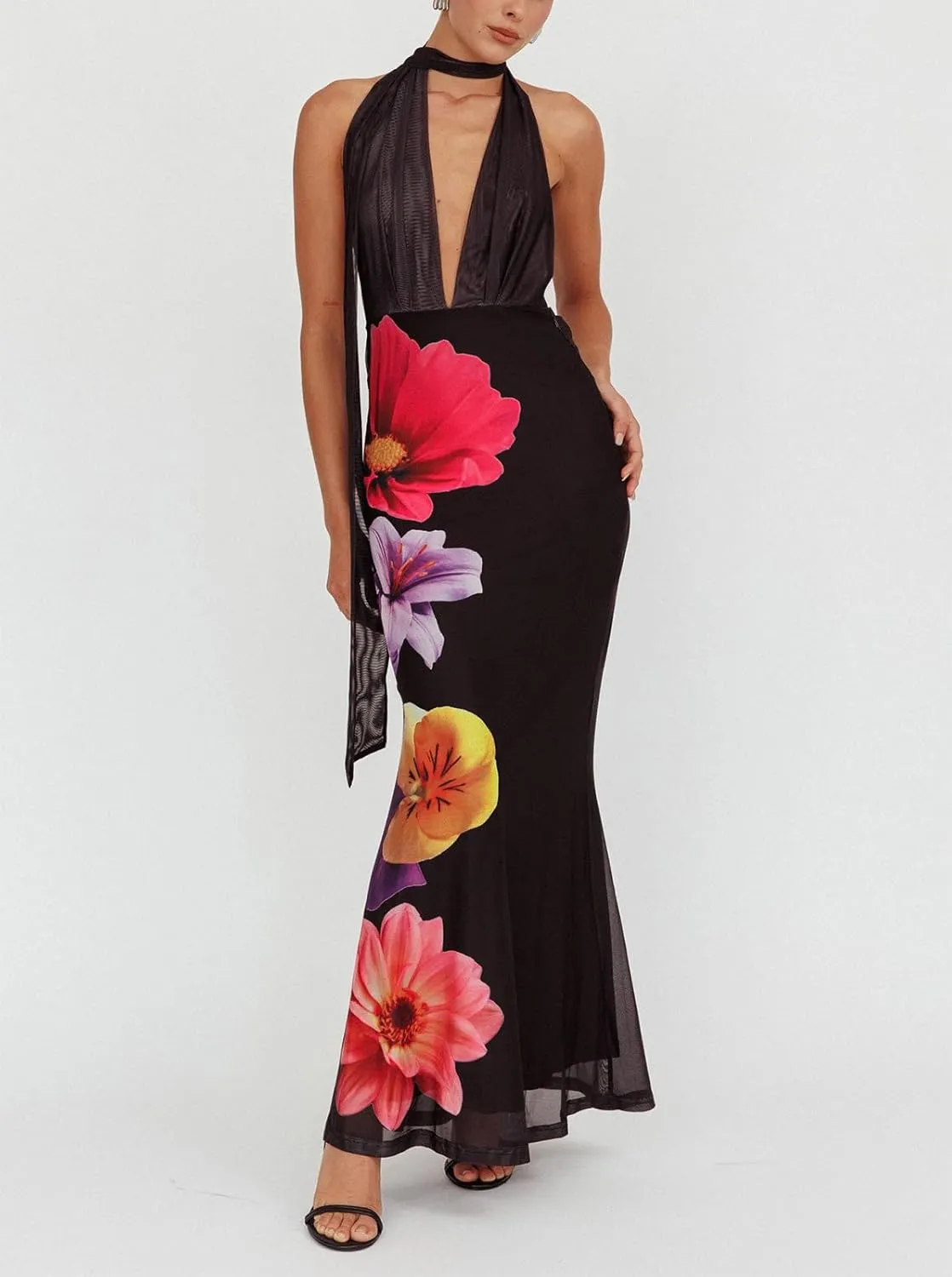 Women Boho Floral Backless Maxi Dress Y2K Spaghetti Strap Sleeveless Bodycon Long Dress Sexy Going Out Sundress