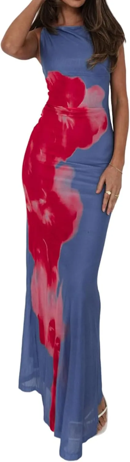 Women Boho Floral Backless Maxi Dress Y2K Spaghetti Strap Sleeveless Bodycon Long Dress Sexy Going Out Sundress