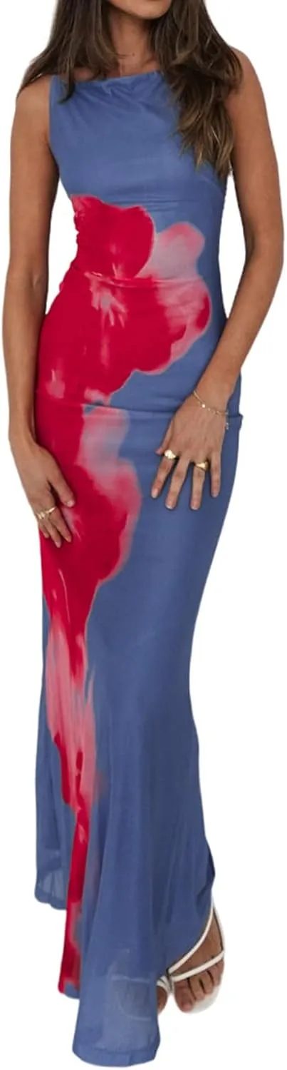 Women Boho Floral Backless Maxi Dress Y2K Spaghetti Strap Sleeveless Bodycon Long Dress Sexy Going Out Sundress