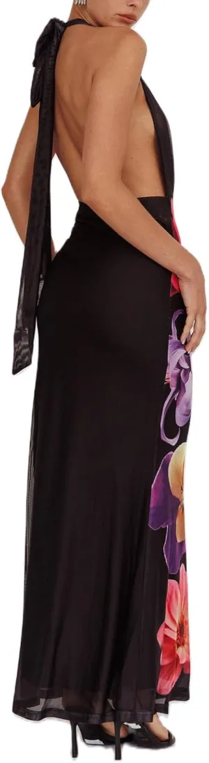 Women Boho Floral Backless Maxi Dress Y2K Spaghetti Strap Sleeveless Bodycon Long Dress Sexy Going Out Sundress
