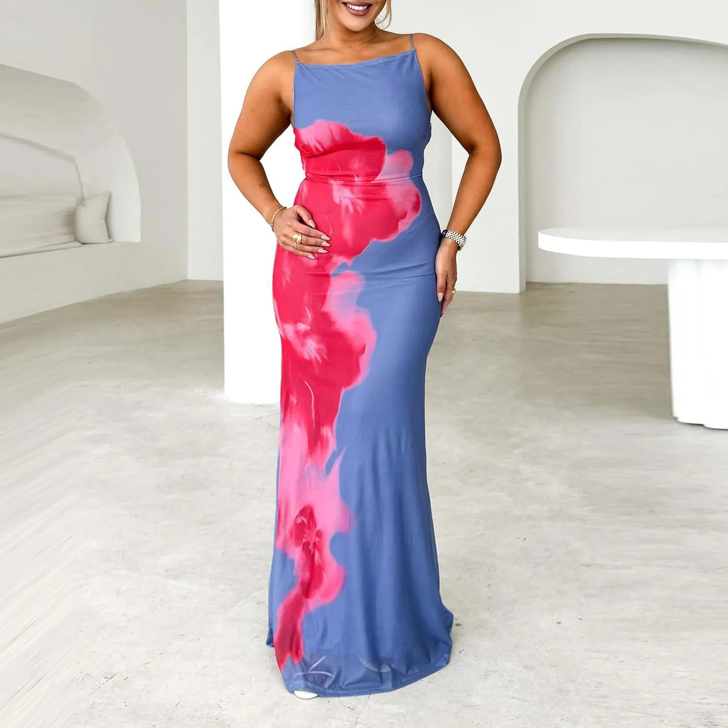 Women Boho Floral Backless Maxi Dress Y2K Spaghetti Strap Sleeveless Bodycon Long Dress Sexy Going Out Sundress