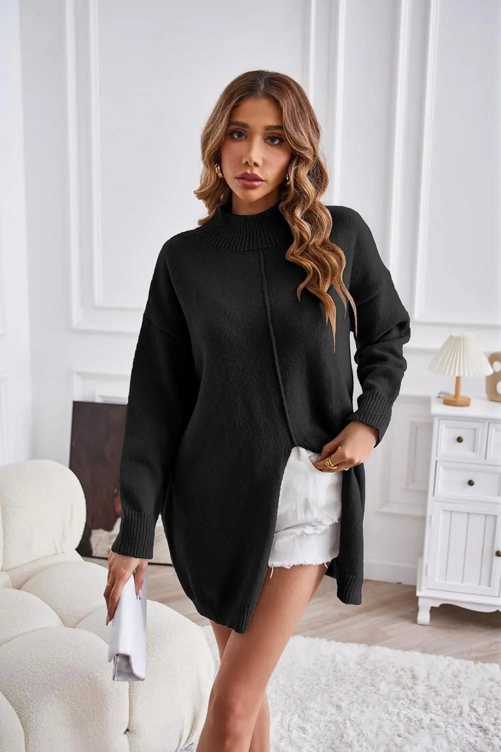 Women Casual Soft Sweaters Turtleneck Split Oversized Loose Pullover Tops Solid Knit Long Sleeve Jumper Tops
