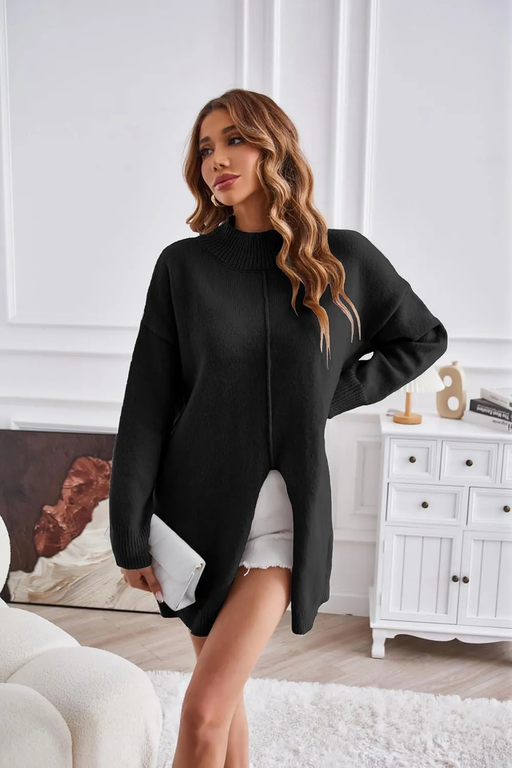 Women Casual Soft Sweaters Turtleneck Split Oversized Loose Pullover Tops Solid Knit Long Sleeve Jumper Tops