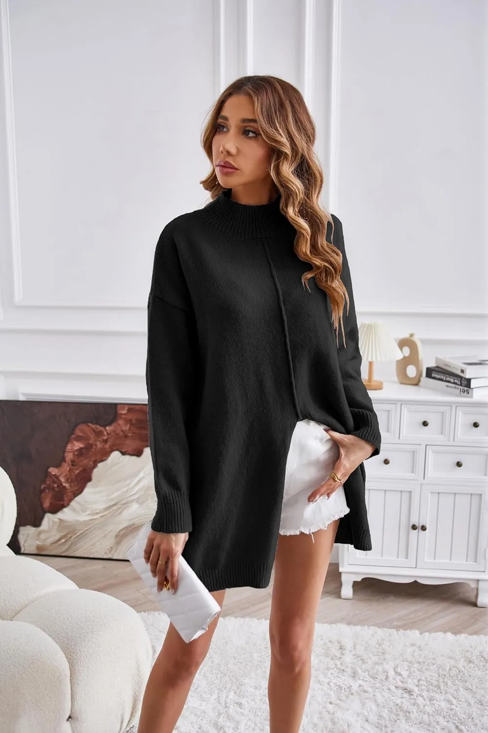 Women Casual Soft Sweaters Turtleneck Split Oversized Loose Pullover Tops Solid Knit Long Sleeve Jumper Tops
