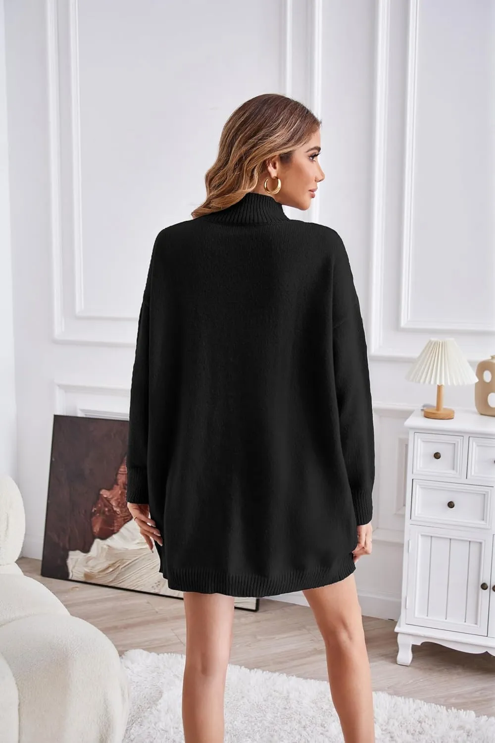 Women Casual Soft Sweaters Turtleneck Split Oversized Loose Pullover Tops Solid Knit Long Sleeve Jumper Tops