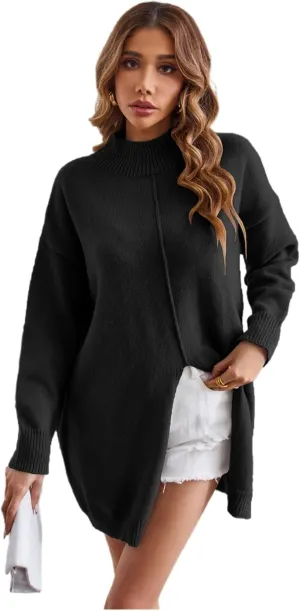 Women Casual Soft Sweaters Turtleneck Split Oversized Loose Pullover Tops Solid Knit Long Sleeve Jumper Tops