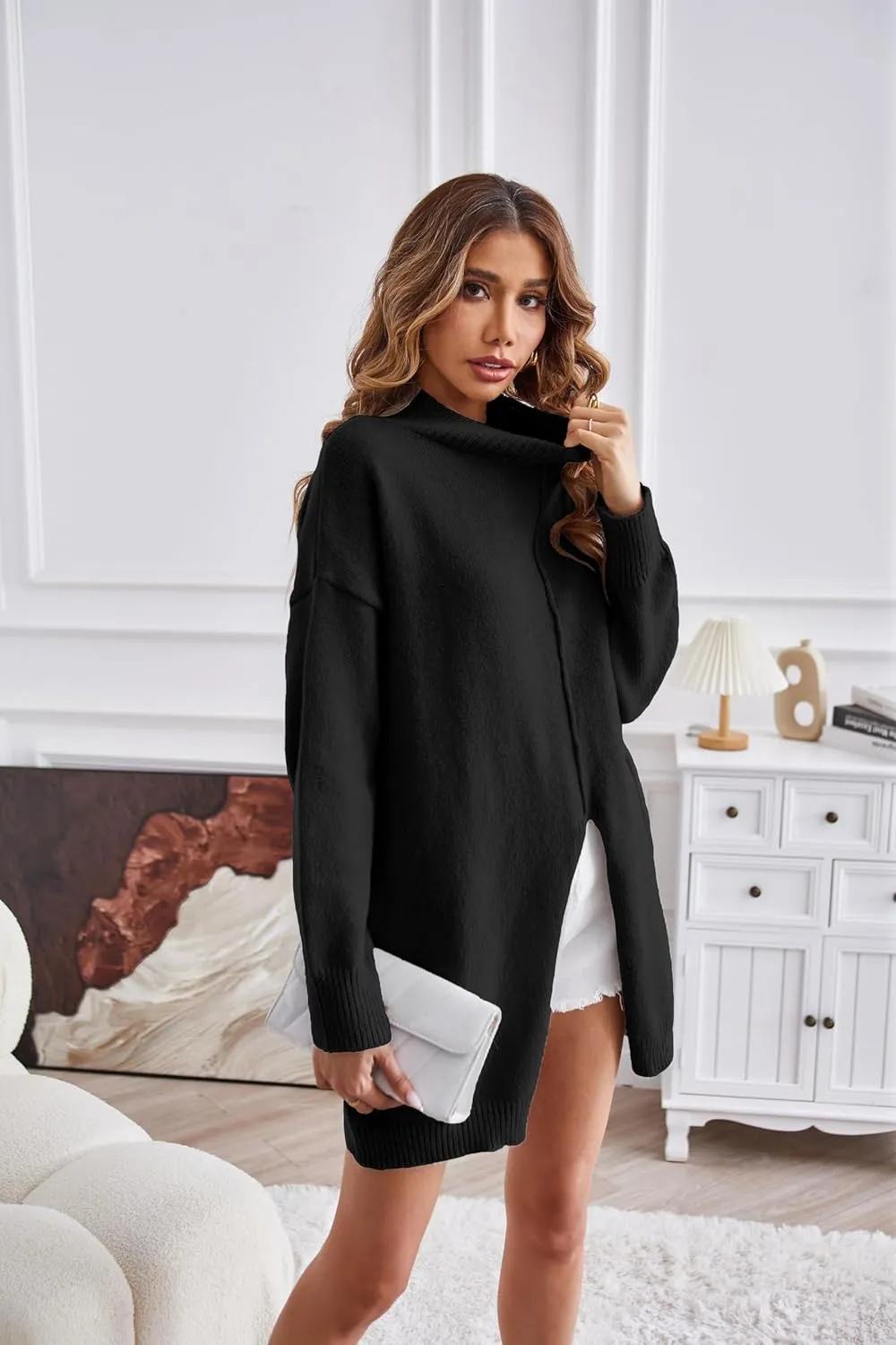 Women Casual Soft Sweaters Turtleneck Split Oversized Loose Pullover Tops Solid Knit Long Sleeve Jumper Tops