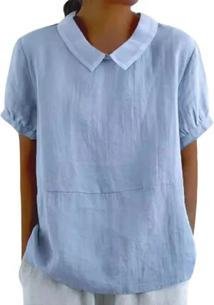 Women Cotton Linen Tops Summer Solid Collared Short Sleeve Shirt Casual Loose Tunic Tops Blouses 2024