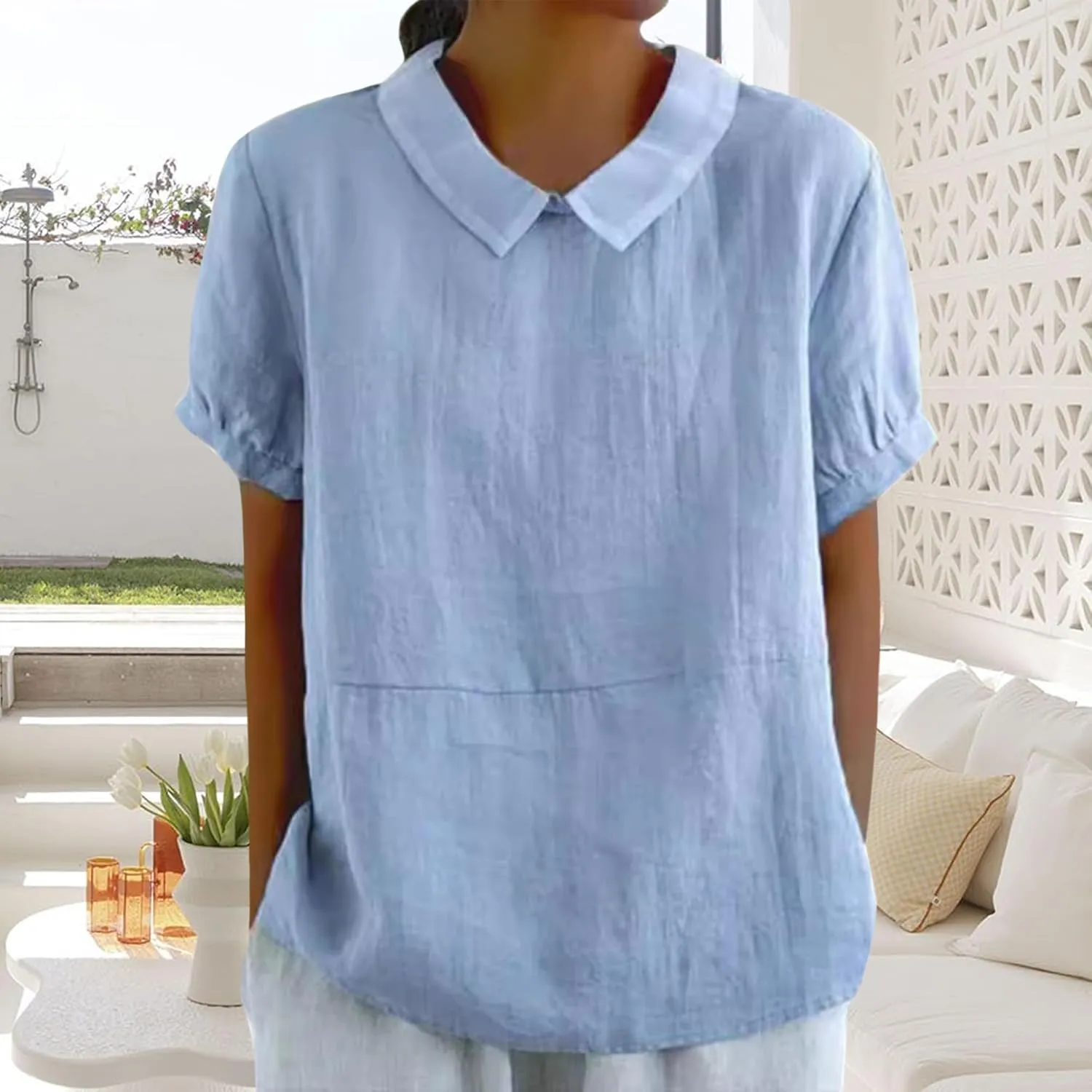 Women Cotton Linen Tops Summer Solid Collared Short Sleeve Shirt Casual Loose Tunic Tops Blouses 2024