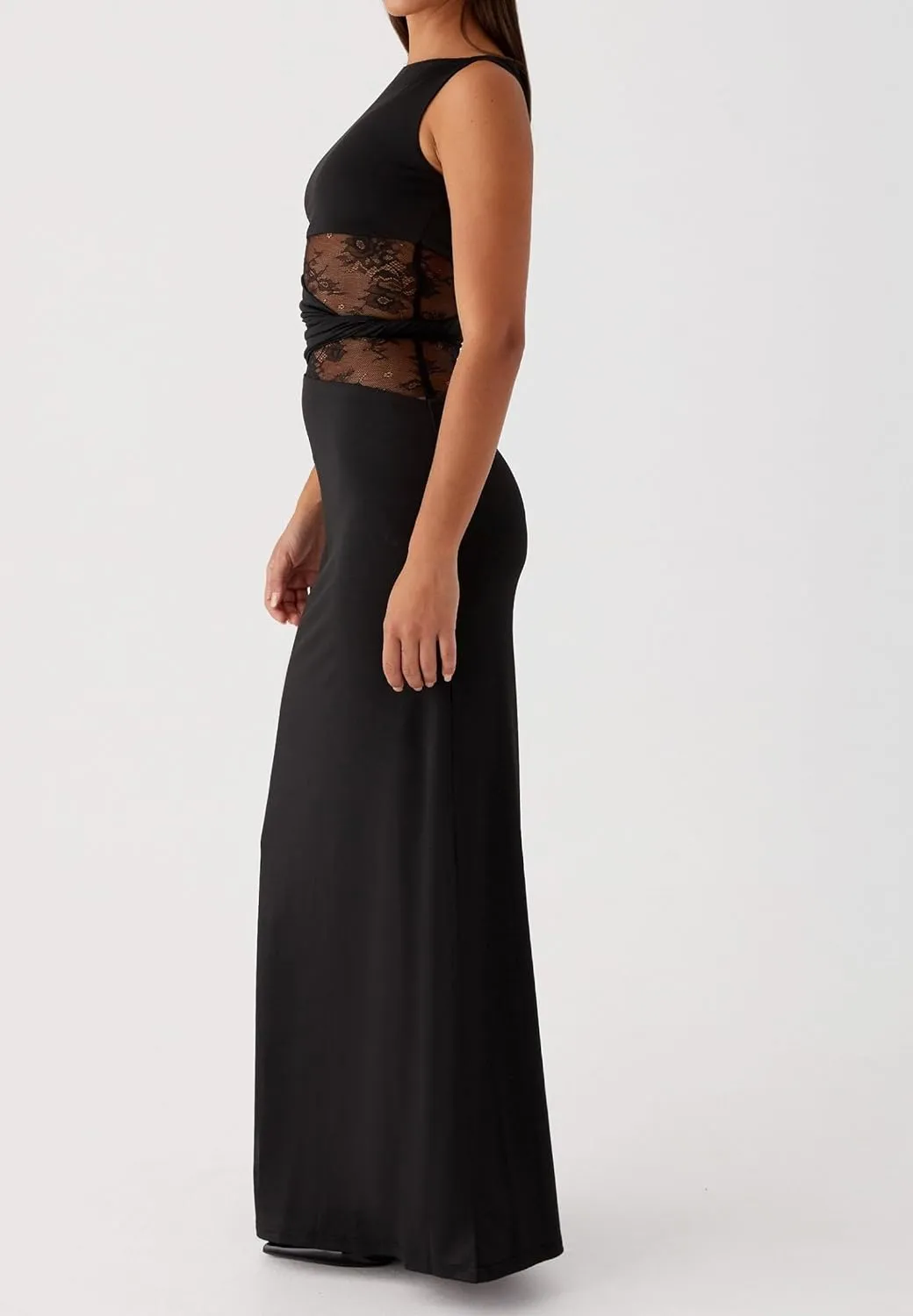 Women Elegant Lace Patchwork Slip Maxi Dress Strappy Cut Out Slim Fit Long Dress Sleeveless Bodycon Cocktail Sundress