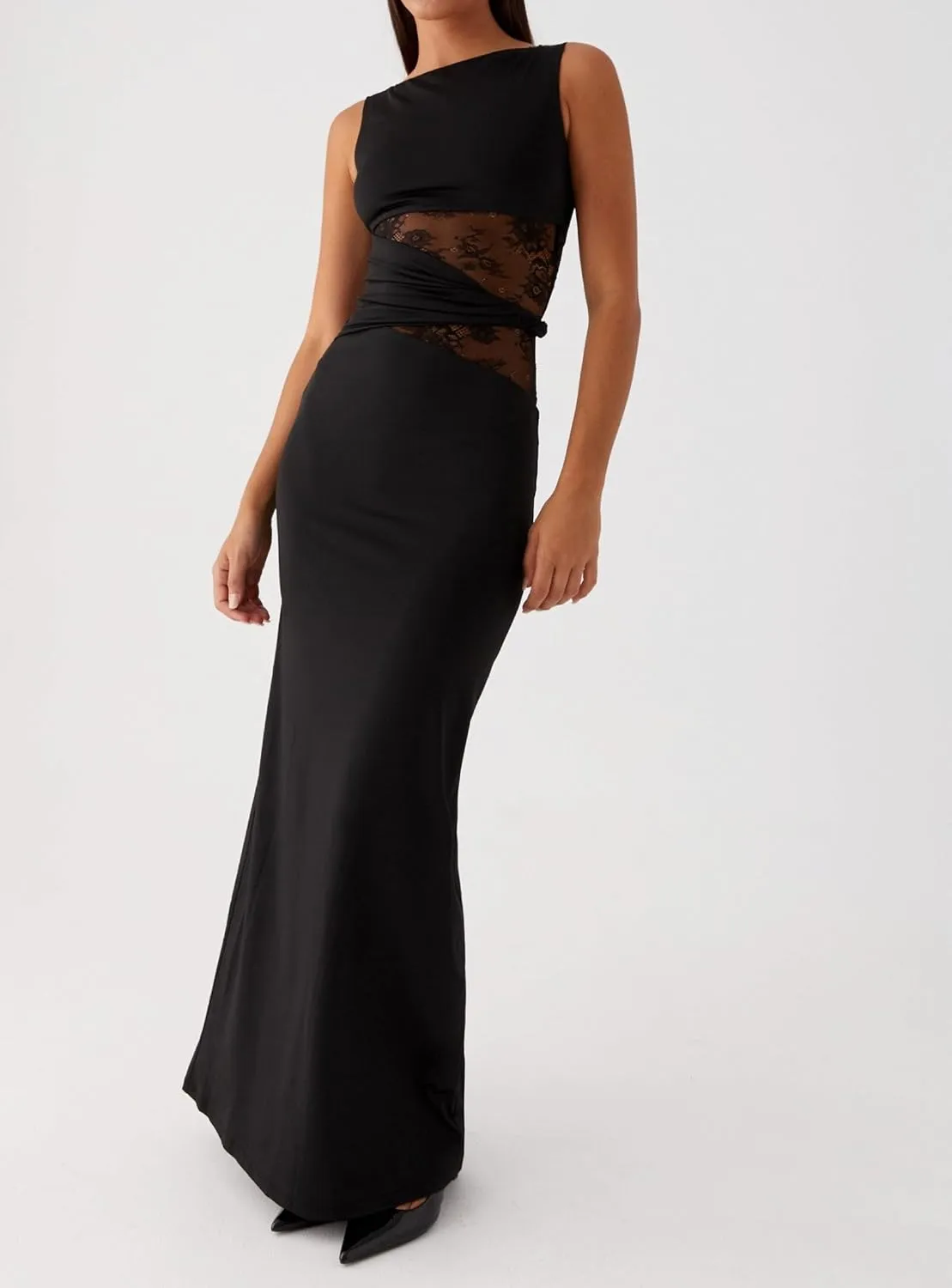 Women Elegant Lace Patchwork Slip Maxi Dress Strappy Cut Out Slim Fit Long Dress Sleeveless Bodycon Cocktail Sundress