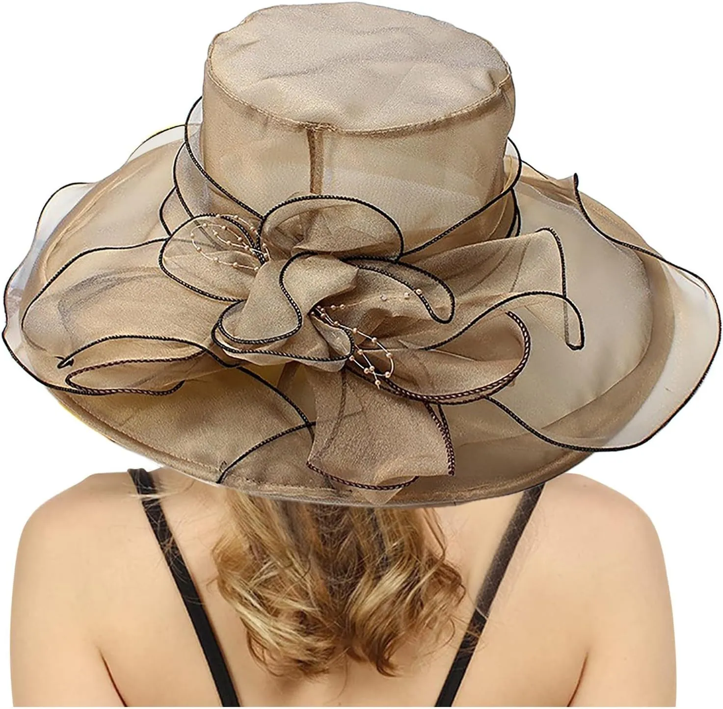 Women Elegant Organza Dress Hat Dressy Flower Bowknot Sun Hats Bridal Wide Brim Wedding Guest Church Bucket Hats