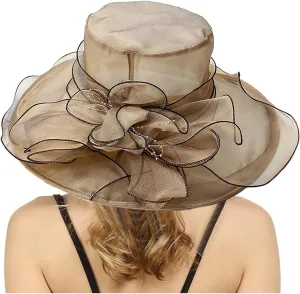 Women Elegant Organza Dress Hat Dressy Flower Bowknot Sun Hats Bridal Wide Brim Wedding Guest Church Bucket Hats