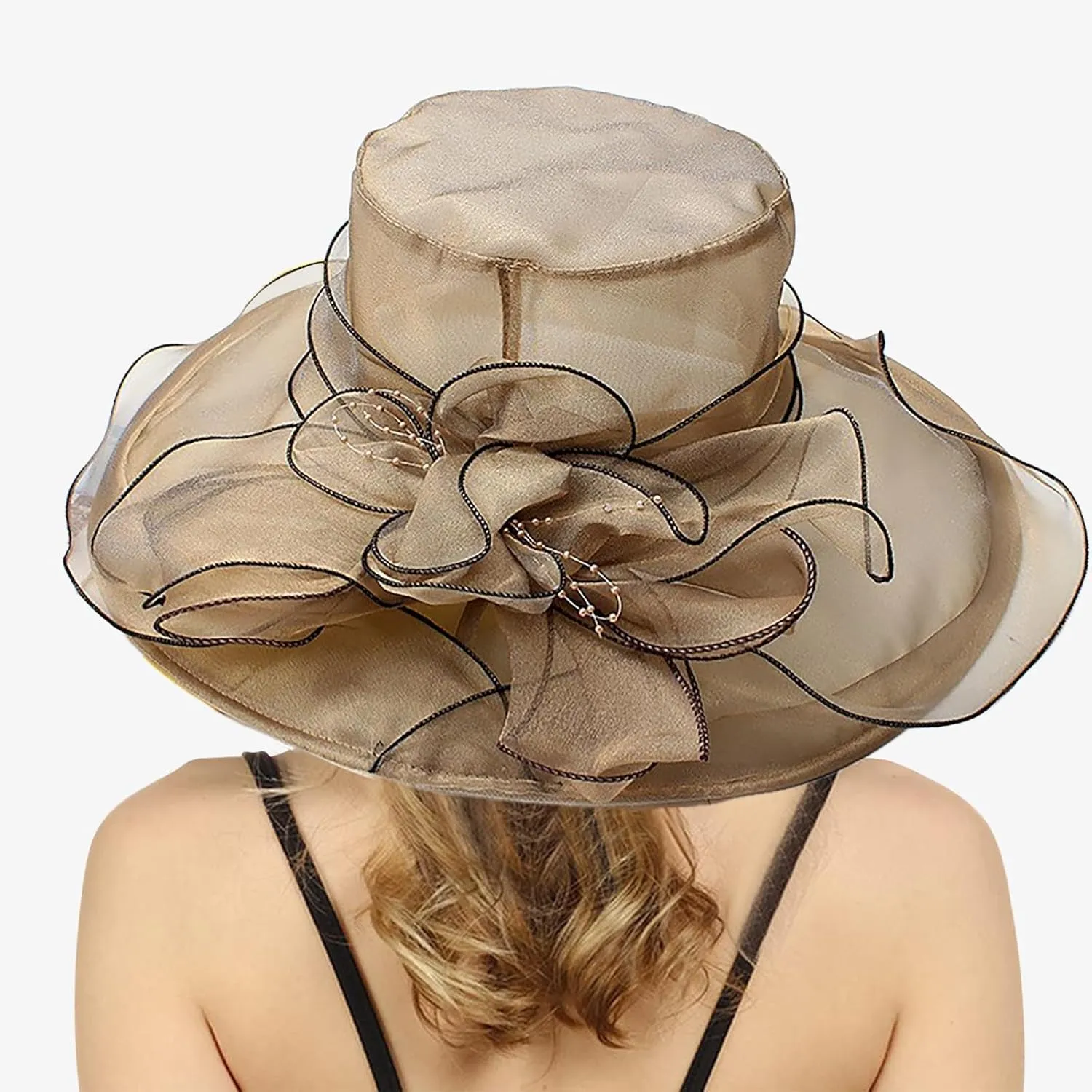 Women Elegant Organza Dress Hat Dressy Flower Bowknot Sun Hats Bridal Wide Brim Wedding Guest Church Bucket Hats